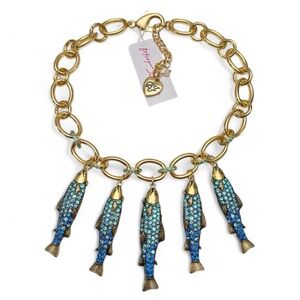 SOLD BETSEY JOHNSON Mermaid Jewels Blue Crystal-Studded Fish Charm Bib Necklace